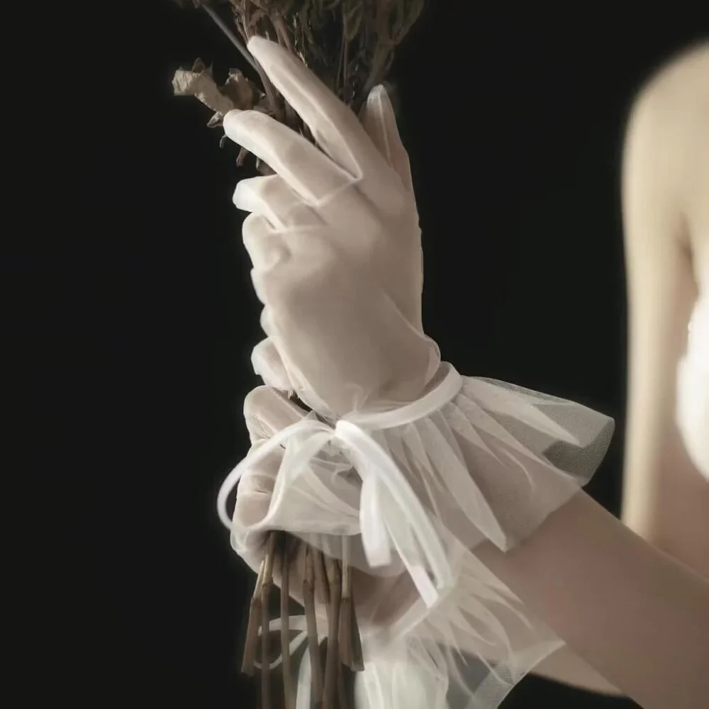 Women's Tulle Long Keeper Bow Lace Gloves White Opera Bridal Wedding Party Tea